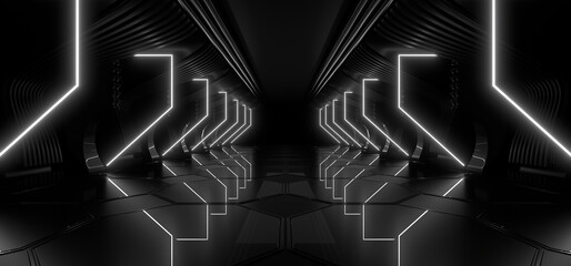 A dark tunnel lit by white neon lights. Reflections on the floor and walls. 3d rendering image. - obrazy, fototapety, plakaty