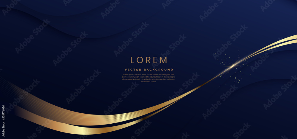 Poster abstract 3d dark blue background with ribbon gold lines curved wavy sparkle with copy space for text