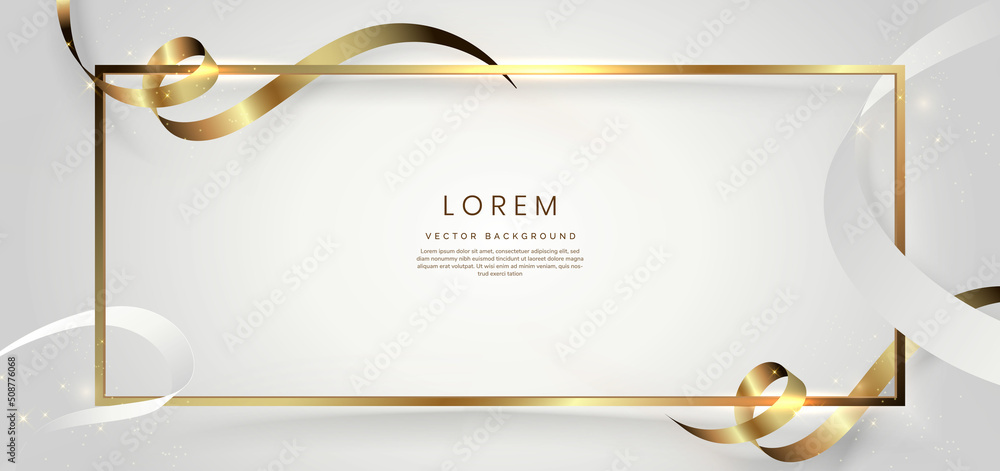 Poster abstract 3d gold curved ribbon on white background with lighting effect and sparkle with copy space 