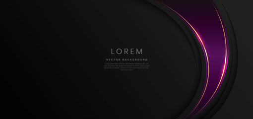 Abstract luxury violet curves with elegant golden border on black background space for text. Template design style.