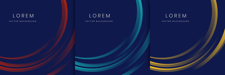 Set of abstract red, green, yellow, stripe curved lines light on dark blue background.