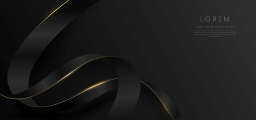 Abstract 3d black and gold curved red ribbon on black background with lighting effect and sparkle with copy space for text. Luxury design style.