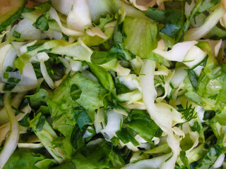 Salad of cucumbers, radishes, onions and herbs. Organic vegan food. Salad texture closeup.