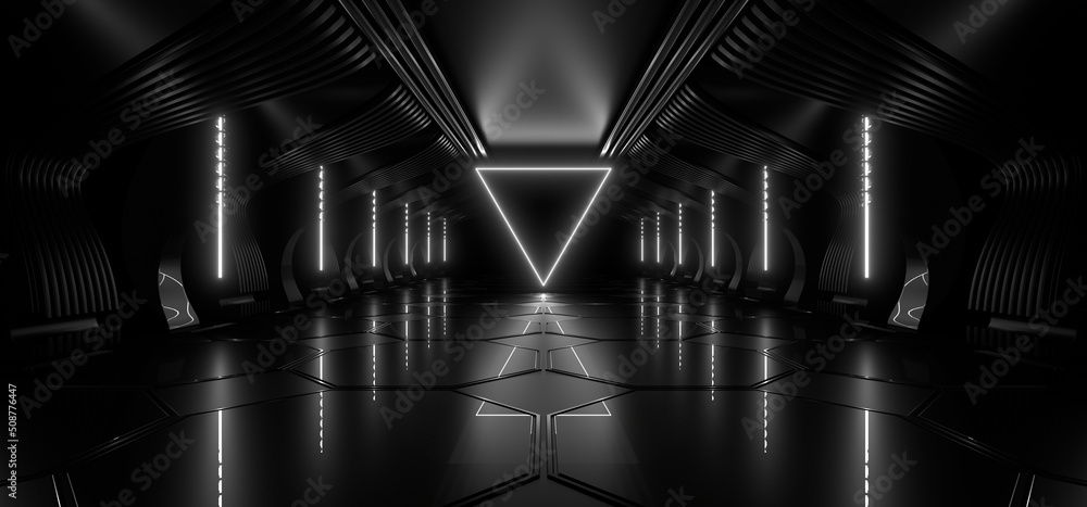 Poster a dark tunnel lit by white neon lights. reflections on the floor and walls. 3d rendering image.