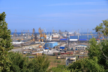 September 15 2021 - Constanta in Romania: Industrial port quay with heavy load gantry cranes, the...