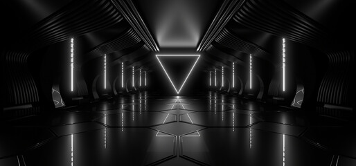 A dark tunnel lit by white neon lights. Reflections on the floor and walls. 3d rendering image. © Andrey Shtepa