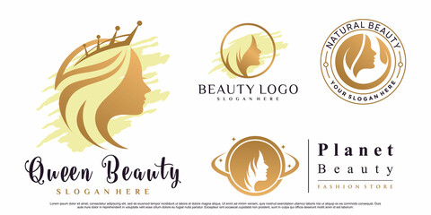 Set of beauty queen logo design with woman face illustration for salon Premium Vector