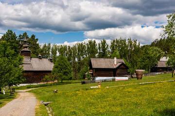 Fototapeta na wymiar Wooden contemporary village near Stara Lubovna Castle in Slovakia