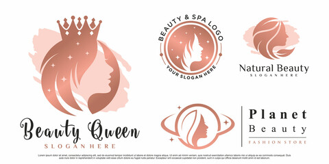 Set of beauty queen logo design with woman face illustration for salon Premium Vector