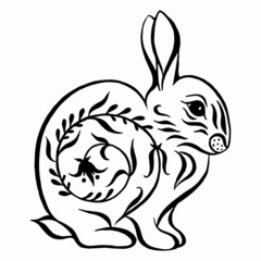Rabbit with flowers ornament drawing. Vector black and white hare illustration. linear drawing. calligraphy image.