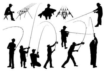 Fishing vector silhouette. Carp feeder fisherman illustration