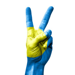 Hand making the V victory sign with flag of palau