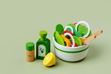 Bowl with salad. Wooden fruit and vegetables play set. Educational toys. Cute kids toys to play in...