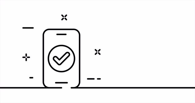 Continuous line art drawing technology. Single line drawing, solid line. Animation of one line check mark, phone and permission. Video 4K