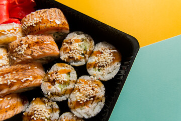 A traditional Japanese dish made from rice and fish.
Photo taken in a sushi bar in Vinnytsia