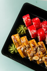 A traditional Japanese dish made from rice and fish.
Photo taken in a sushi bar in Vinnytsia