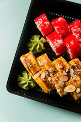 A traditional Japanese dish made from rice and fish.
Photo taken in a sushi bar in Vinnytsia