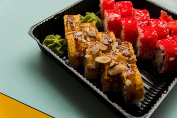 A traditional Japanese dish made from rice and fish.
Photo taken in a sushi bar in Vinnytsia