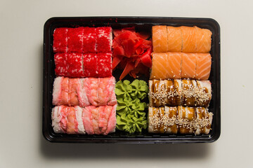 A traditional Japanese dish made from rice and fish.
Photo taken in a sushi bar in Vinnytsia