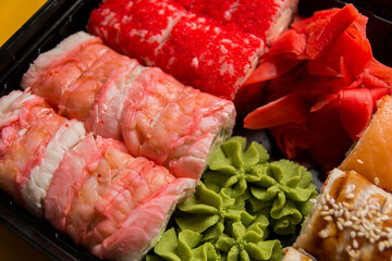 A traditional Japanese dish made from rice and fish.
Photo taken in a sushi bar in Vinnytsia