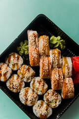 A traditional Japanese dish made from rice and fish.
Photo taken in a sushi bar in Vinnytsia