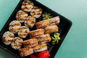 A traditional Japanese dish made from rice and fish.
Photo taken in a sushi bar in Vinnytsia
