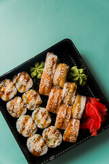 A traditional Japanese dish made from rice and fish.
Photo taken in a sushi bar in Vinnytsia