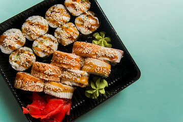 A traditional Japanese dish made from rice and fish.
Photo taken in a sushi bar in Vinnytsia