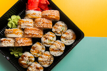 A traditional Japanese dish made from rice and fish.
Photo taken in a sushi bar in Vinnytsia