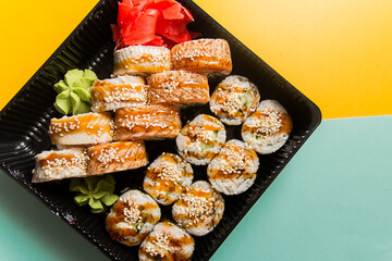 A traditional Japanese dish made from rice and fish.
Photo taken in a sushi bar in Vinnytsia
