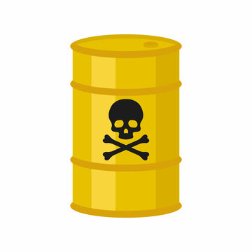 Yellow barrel of biohazard waste. Slull and bones sign.