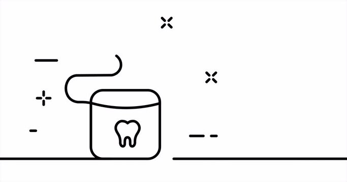 Single line drawing, solid line stomatology. One line drawing animation of dental floss, dental care and care product. Health care logo animated. Video 4K