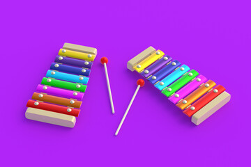 Rainbow xylophones on violet background. Kids toy. Preschool education. Musical instrument. Funny laisure. 3d render