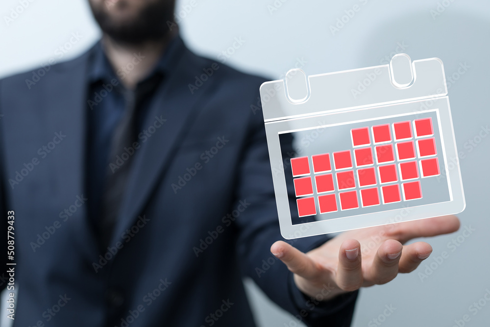 Poster Minimal calendar icon with hand isolate on soft pink background. Paper calendar icons. Calendar date  3d