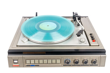 Fototapeta premium Vintage turntable record player with turquoise vinyl