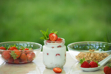 Greek yogurt strawberry with fresh berries. toning. selective focus