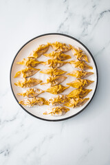 uncooked healthy plant-based food, homemade wonton dumplings with lentil carrot and onion filling
