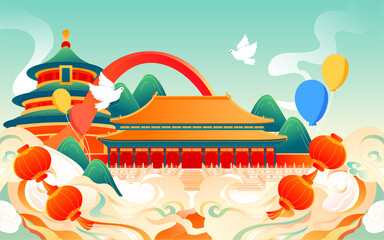 Landscape of traditional ancient buildings with mountains and clouds in the background, vector illustration