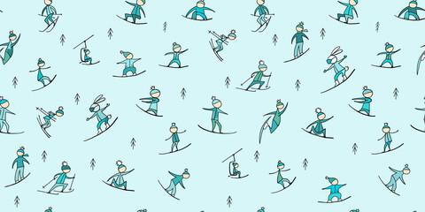 Snowboard time, people snowboarding from the mountain. Seamless pattern for your design