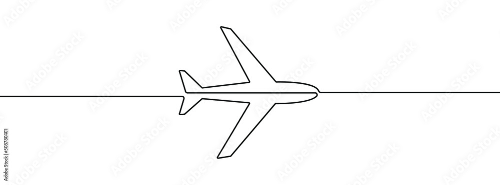 Poster continuous line drawing of airplane icon. aircraft linear icon. one line drawing background. vector 