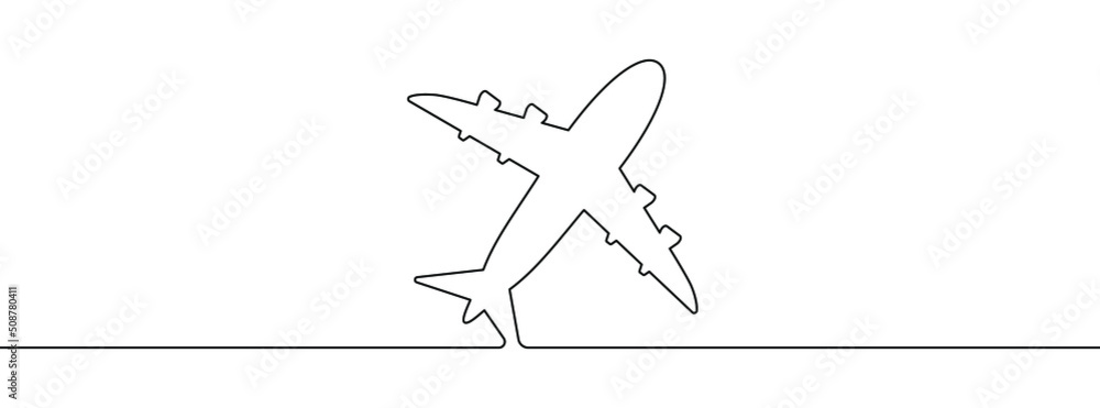 Poster continuous line drawing of airplane icon. aircraft linear icon. one line drawing background. vector 