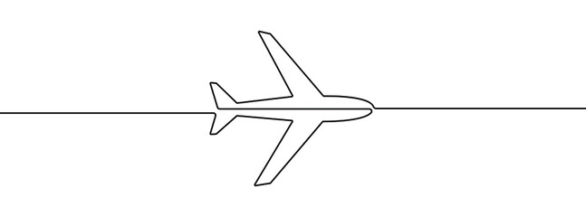Continuous line drawing of airplane icon. Aircraft linear icon. One line drawing background. Vector illustration. Airplane continuous line icon - obrazy, fototapety, plakaty