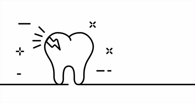 One line drawing, solid line medicine. One line drawing animation of toothache, caries and cracked tooth. Stamotology logo animated. Video 4K