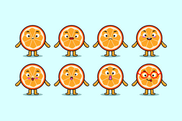 Set kawaii orange fruit cartoon character with different expressions of cartoon face vector illustrations