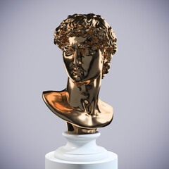 Abstract concept illustration of shiny golden male classical bust on white pedestal from 3d rendering on grey background.
