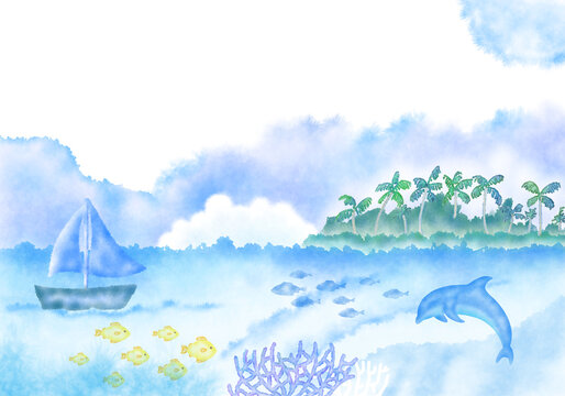 A summer and sea concept illustration with a hand painting of a watercolor image on a white background.