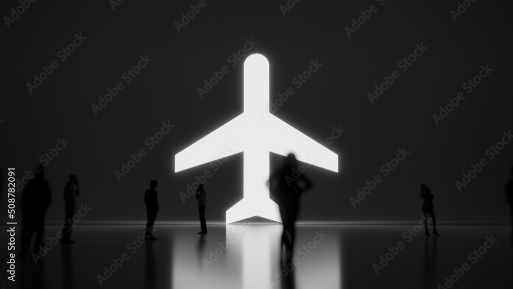 Poster 3d rendering people in front of symbol of plane on background
