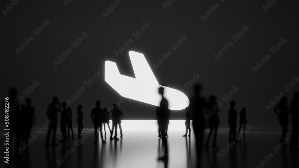 Poster 3d rendering people in front of symbol of plane arrival on background