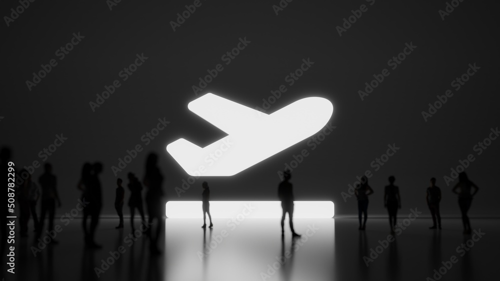 Poster 3d rendering people in front of symbol of plane departure on background