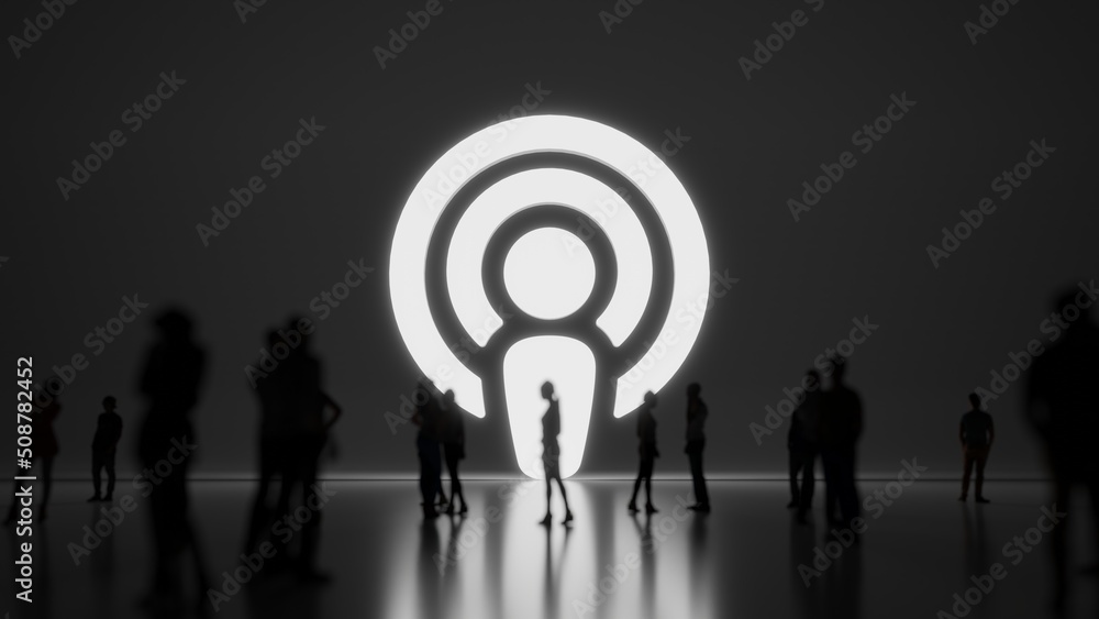 Poster 3d rendering people in front of symbol of podcast on background